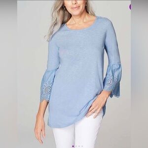 ‼️Cornflower Eyelet Mixed Media Tunic xsmall, nwt, blue shirt, 3/4 sleeves